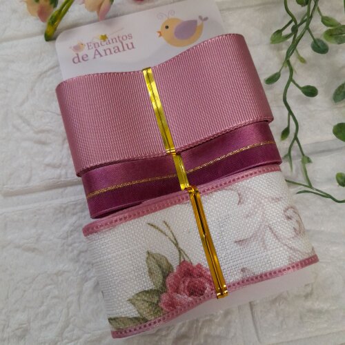 Kit de 3 Fitas Gorgurão, Cetim e Linho Floral Rosa Antigo