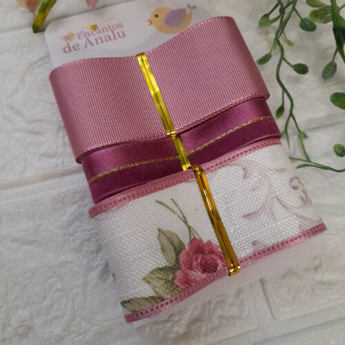 Kit de 3 Fitas Gorgurão, Cetim e Linho Floral Rosa Antigo