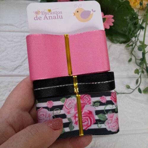 Kit de Fitas Coordenadas listras Preto e Branco e Rosas Pink
