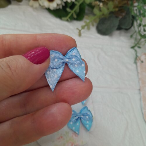 Laço Decorativo Azul com Poa Branco - Cartela com 6 unidades
