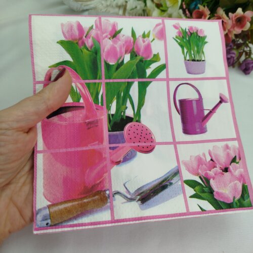 Guardanapo para Decupagem Jardinagem e Tulipas Rosa - 4 unidades