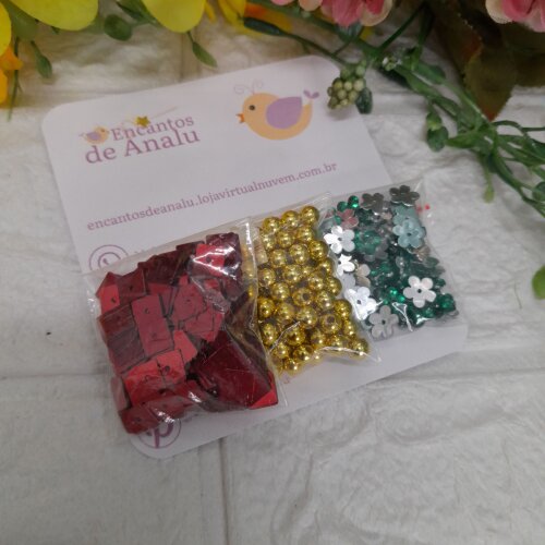 Kit Natal: Perola Dourada, Paete Vermelho e Chaton Verde - Pacote com 15 gramas