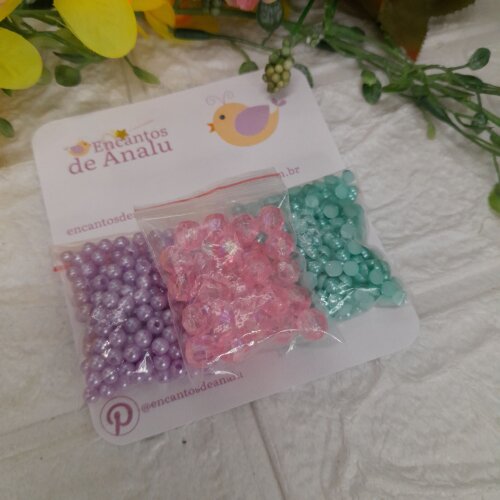 Mix de Meia Perola Verde Agua, Perola Lilas e Aplique Rosa