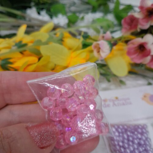 Mix de Meia Perola Verde Agua, Perola Lilas e Aplique Rosa