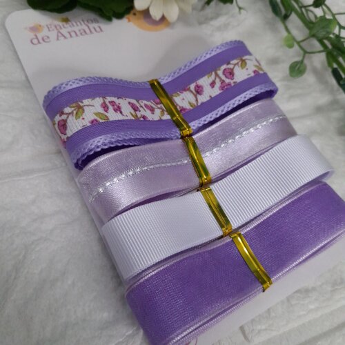 Kit de Fitas LIlas e Branco -Voil estampado e Fitas Coordenadas