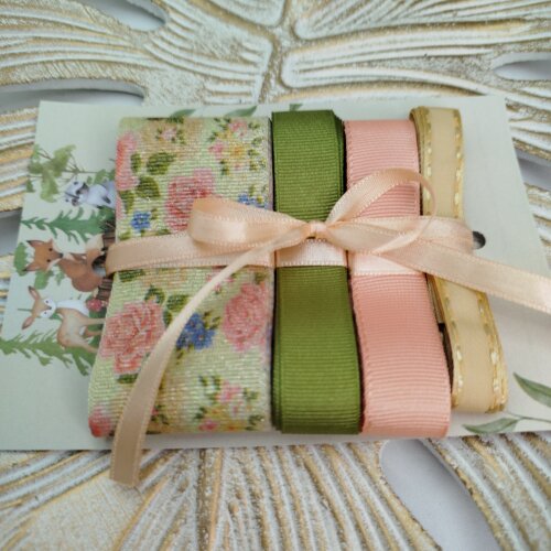 Kit de Fitas de Gorgurão Floral Tons de Rosé, Verde, Coral, Beg