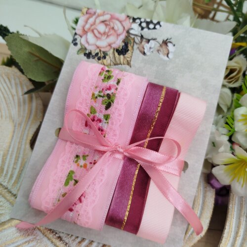 Kit de Fita com Renda Flores em Tons de Rosa