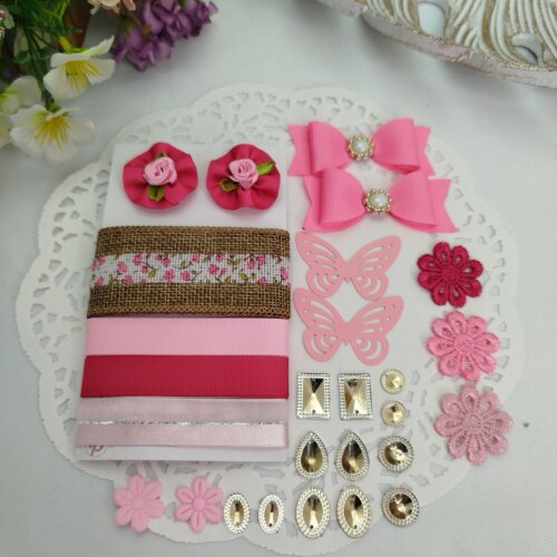 Kit de Fitas,  Enfeites e Ornamentos Coordenados Juta Estilo Rustico em Tons de Rosa e PInk
