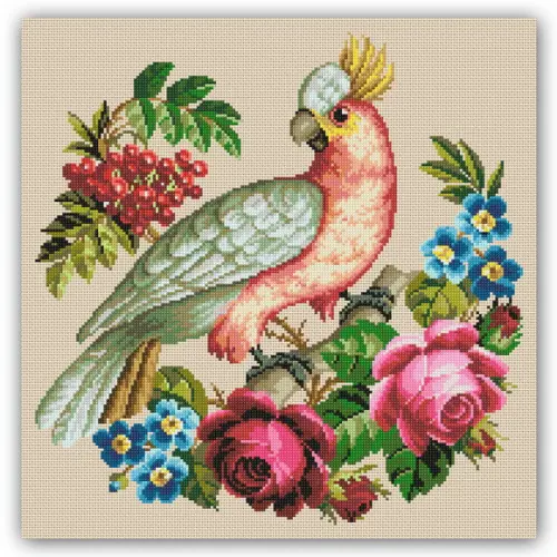 Papagaio e Rosas - Gráfico Ponto Cruz