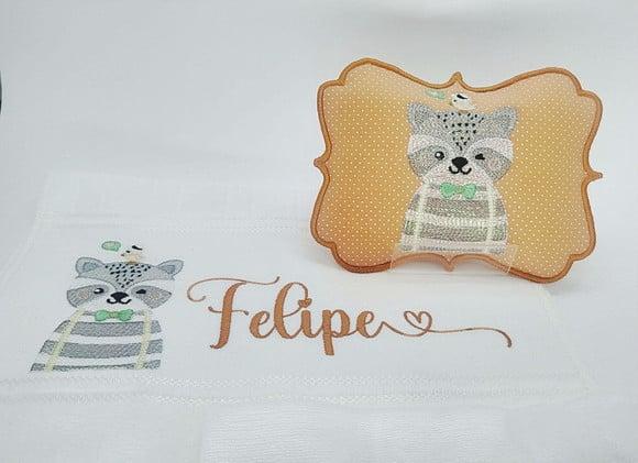 Trio Toalha boca + Fralda de boca + bolsinha térm - Guaxinim