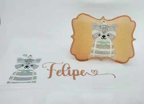 Trio Toalha boca + Fralda de boca + bolsinha térm - Guaxinim