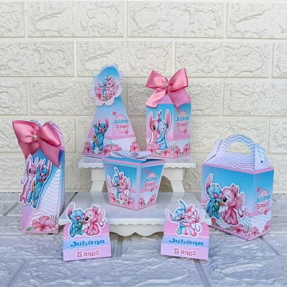 Kit 30 Caixas Lembrancinhas Personalizadas Stitch e Angel