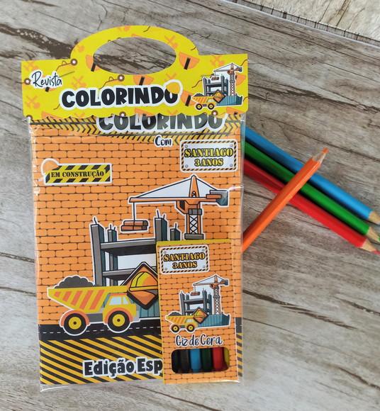 Kit: 10 Revistas para Colorir + Giz de Cera Construção
