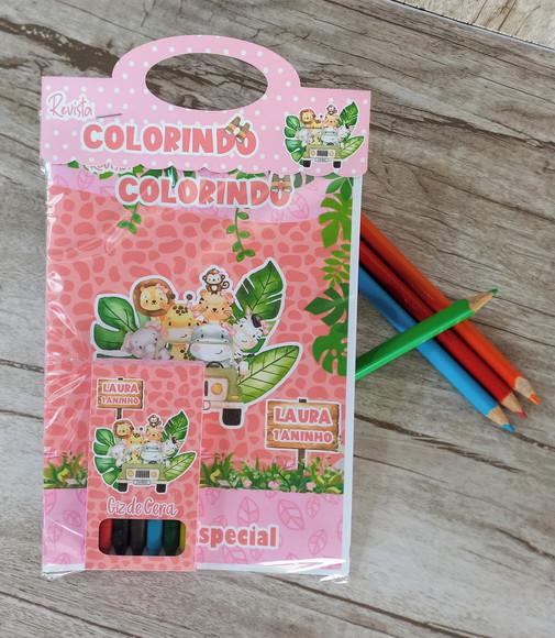 Kit: 10 Revistas para Colorir + Giz de Cera Safari Rosa
