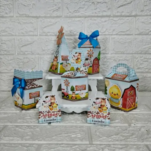 Kit 30 Caixas Lembrancinhas Personalizadas Fazendinha Azul