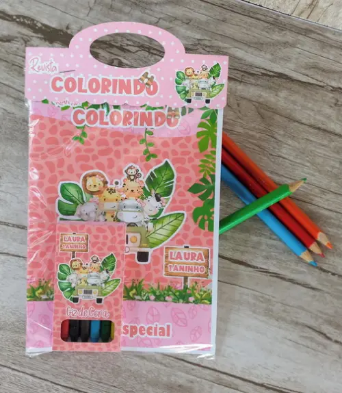 Kit: 10 Revistas para Colorir + Giz de Cera Safari Rosa