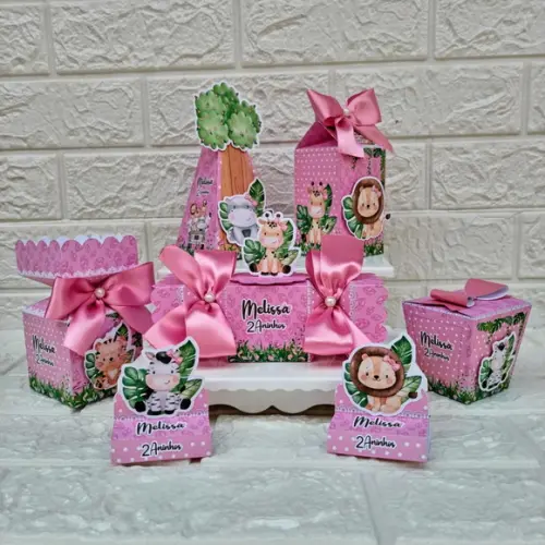 Kit: 75 Peças Lembrancinhas Personalizadas Safari Rosa