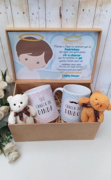 Caixa Convite Rústico Padrinhos Batismo com Ursinho e Caneca