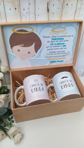 Caixa Convite Rústico Padrinhos Batismo com Ursinho e Caneca