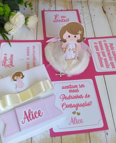 Caixa Explosão Convite Padrinhos De Batismo Com Anjo Menina