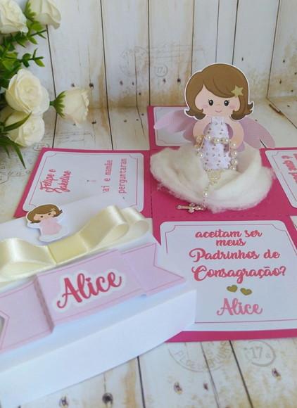 Caixa Explosão Convite Padrinhos De Batismo Com Anjo Menina