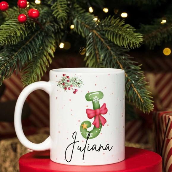 Caneca de Natal com Inicial Nome Brinde Fim de Ano