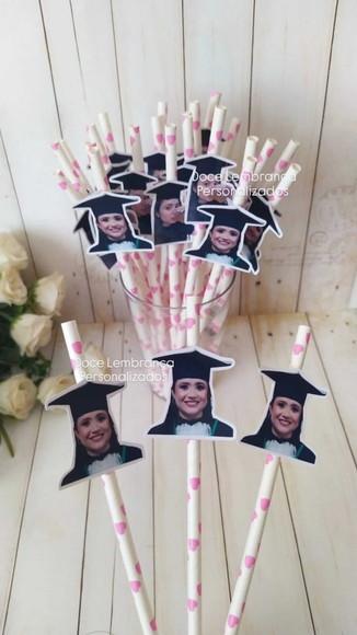 Canudo Personalizado Foto Rosto e Capelo Chapéu Formatura