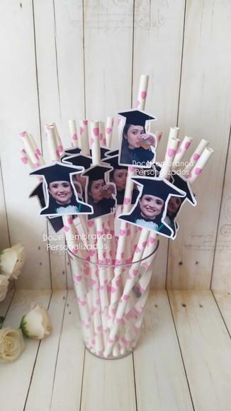 Canudo Personalizado Foto Rosto e Capelo Chapéu Formatura