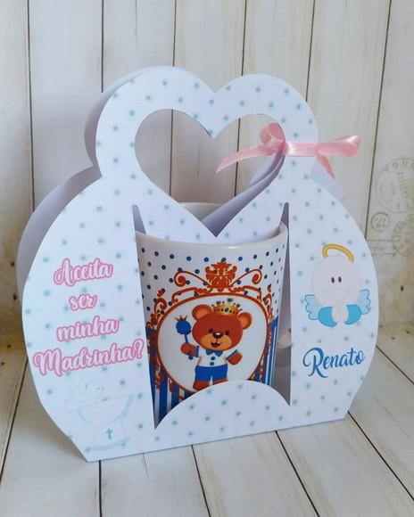 Convite Padrinhos Batismo caneca com suporte personalizado
