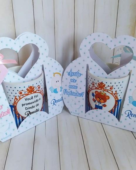 Convite Padrinhos Batismo caneca com suporte personalizado