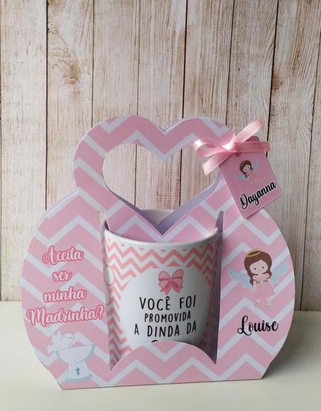 Convite Padrinhos Batismo caneca com suporte personalizado