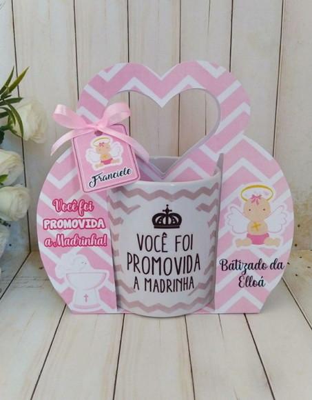 Convite Padrinhos Batismo Caneca com Suporte Personalizado