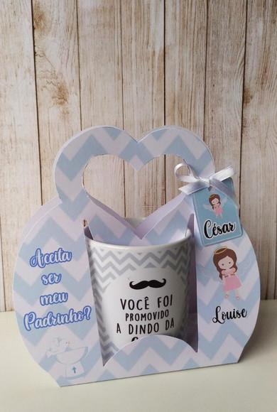 Convite Padrinhos Batismo caneca com suporte personalizado