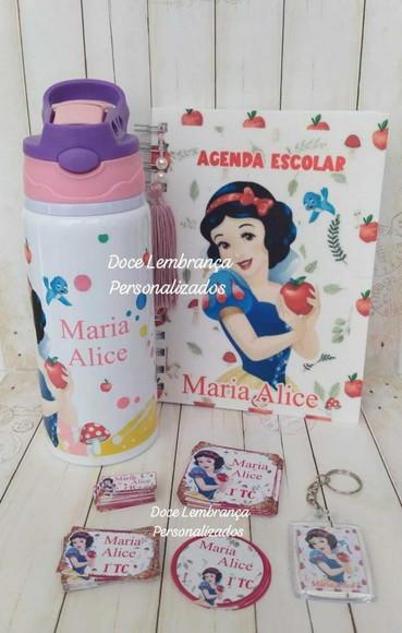Kit Escolar Branca de Neve Etiqueta Garrafa Kids Agenda
