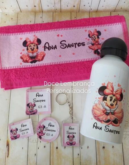 Kit Escolar Etiqueta, Toalhinha, Garrafa, Chaveiro Minnie Ro
