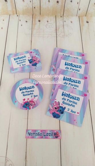 Kit Escolar Stitch e Angel Garrafa Kids Etiqueta, Chaveiro