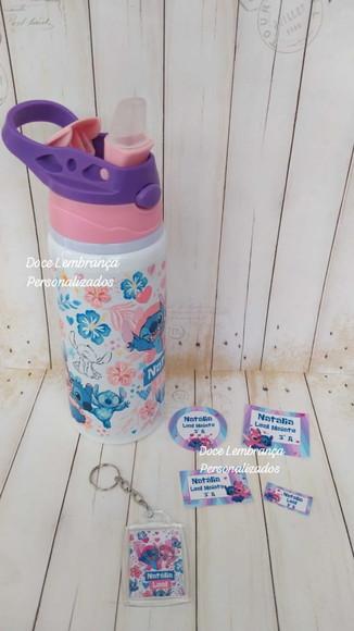 Kit Escolar Stitch e Angel Garrafa Kids Etiqueta, Chaveiro