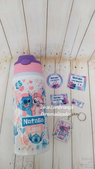 Kit Escolar Stitch e Angel Garrafa Kids Etiqueta, Chaveiro