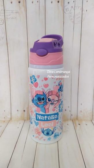 Kit Escolar Stitch e Angel Garrafa Kids Etiqueta, Chaveiro