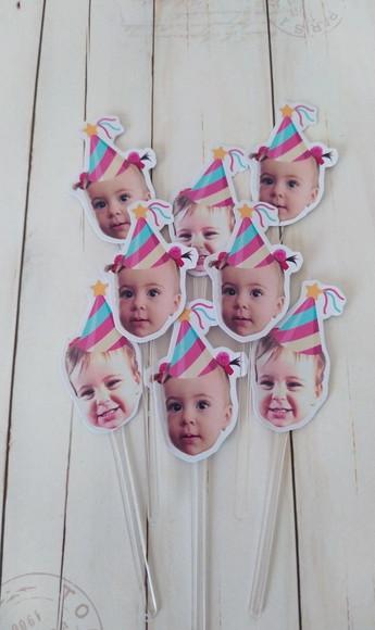 Kit Topper Bolo e Docinhos com Foto Carinha Aniversário Bebê