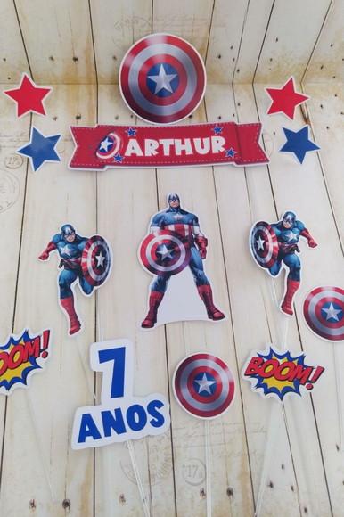 Kit Topper de Bolo + Copo Twister com Canudo Capitão América