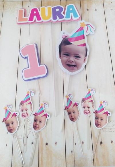 Kit Topper Bolo e Docinhos com Foto Carinha Aniversário Bebê