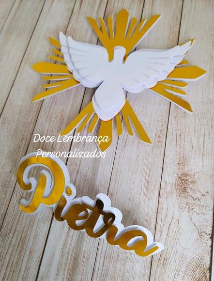 Topper de Bolo 3d Batizado Crisma Eucaristia Espírito Santo