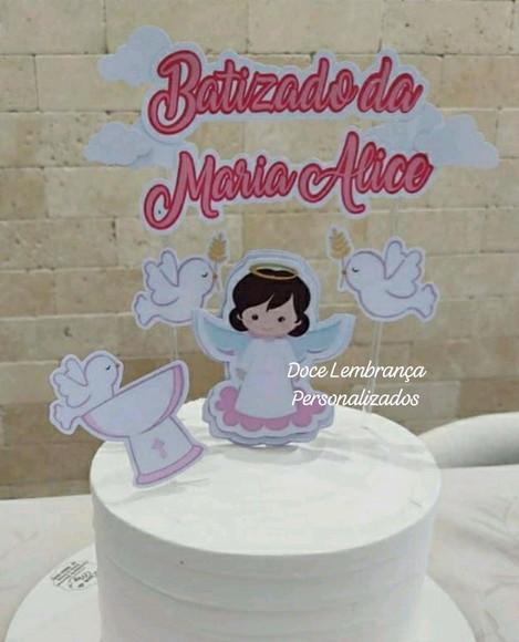 Topper de Bolo Batizado Menina Anjinho Rosa e Branco