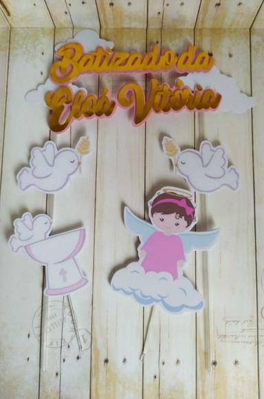 Topper de Bolo Batizado Menina Anjinho 3d