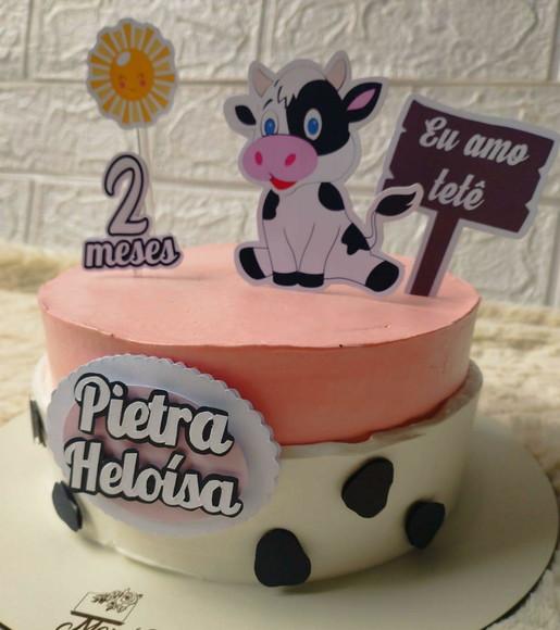 Topper de Bolo Eu Amo Tetê / Vaquinha Tetê