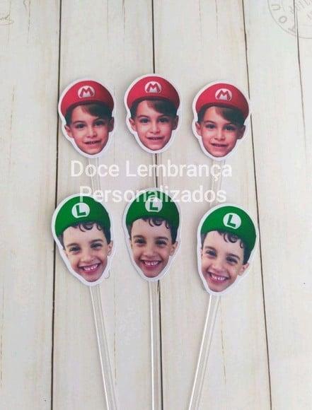 Topper para Docinhos com Foto e Carinha Mario Bros e Luigi