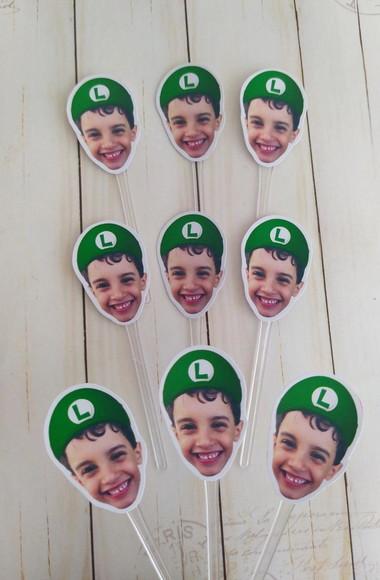 Topper para Docinhos com Foto Rosto Luigi - Super Mário