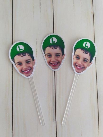 Topper para Docinhos com Foto Rosto Luigi - Super Mário