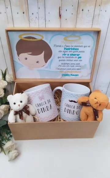 Caixa Convite Rústico Padrinhos Batismo com Ursinho e Caneca